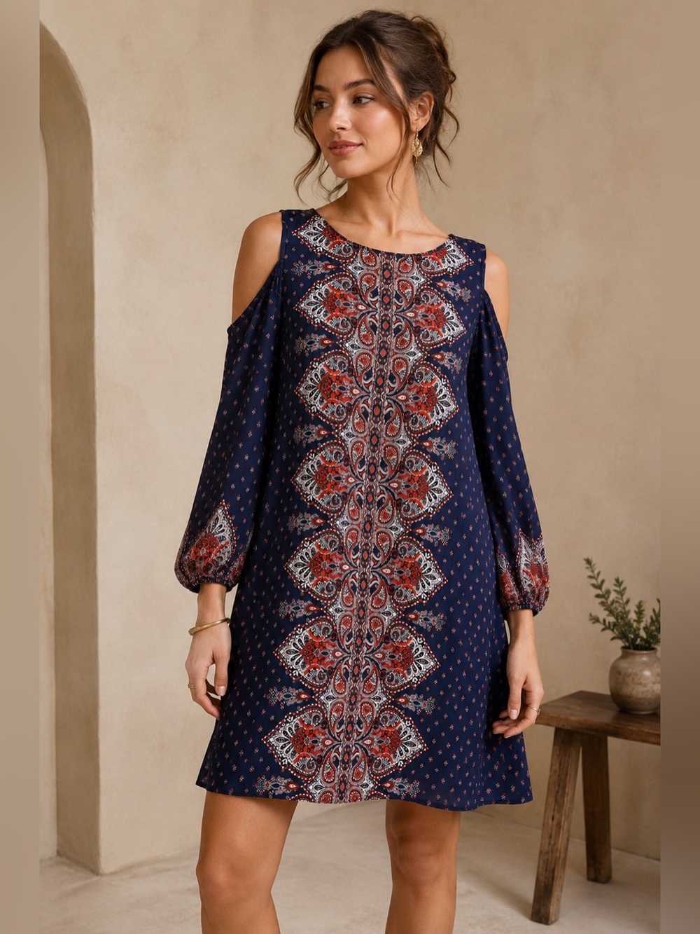 AUW Dress Womens 6 Navy Red Paisley Cold Shoulder 3/4 Sleeve Boho Shift